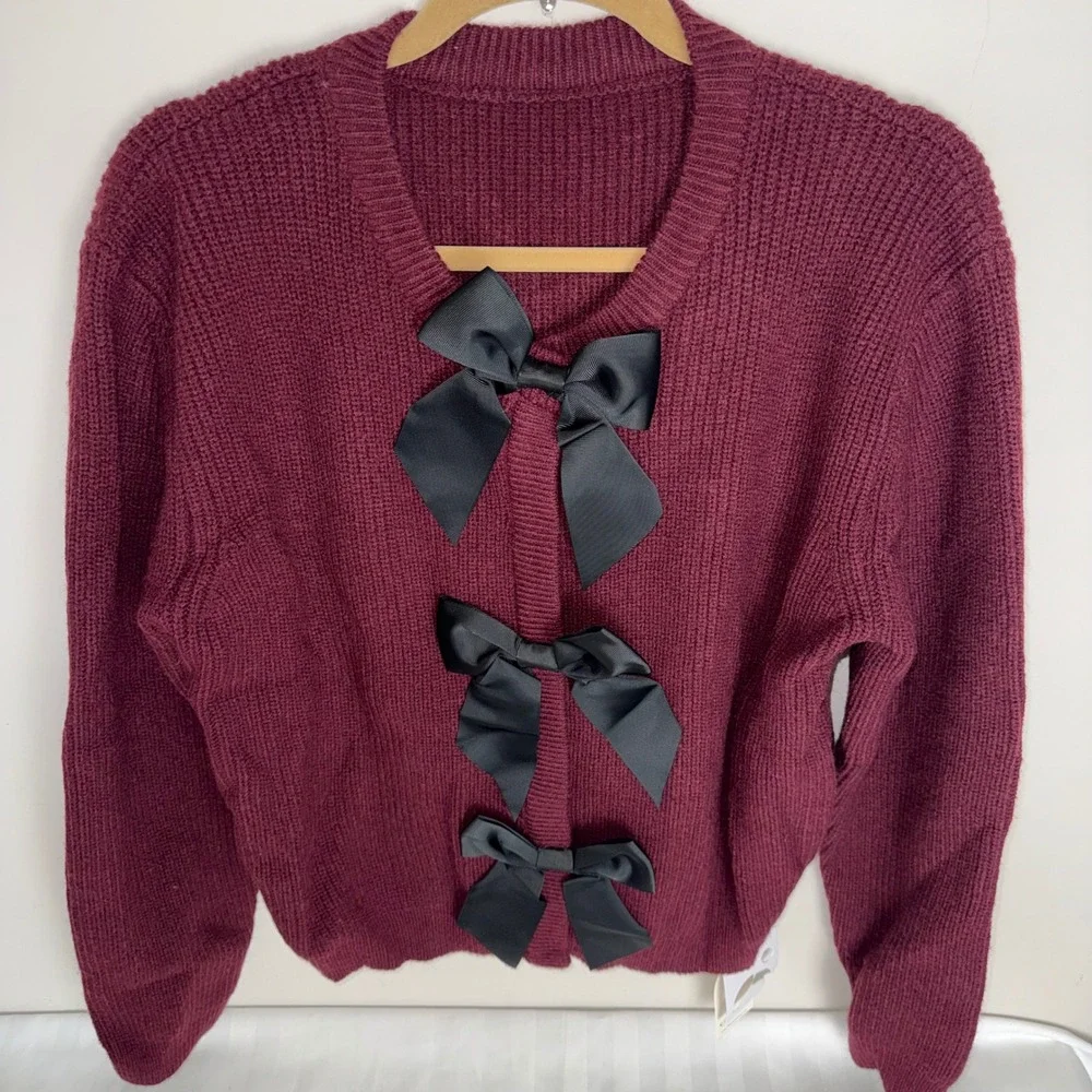 Commense Burgundy‎ Ribbed Cardigan Black Bows Button Front Womens Size M - Picture 7 of 10
